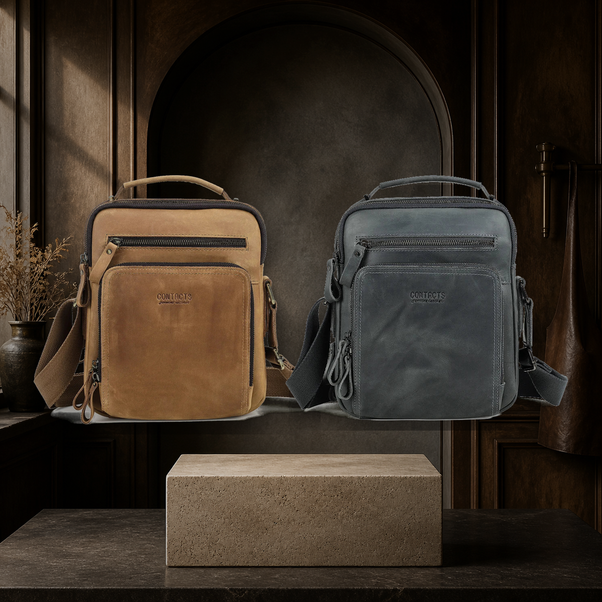 Volterra messenger bags in Cognac and Stone Grey