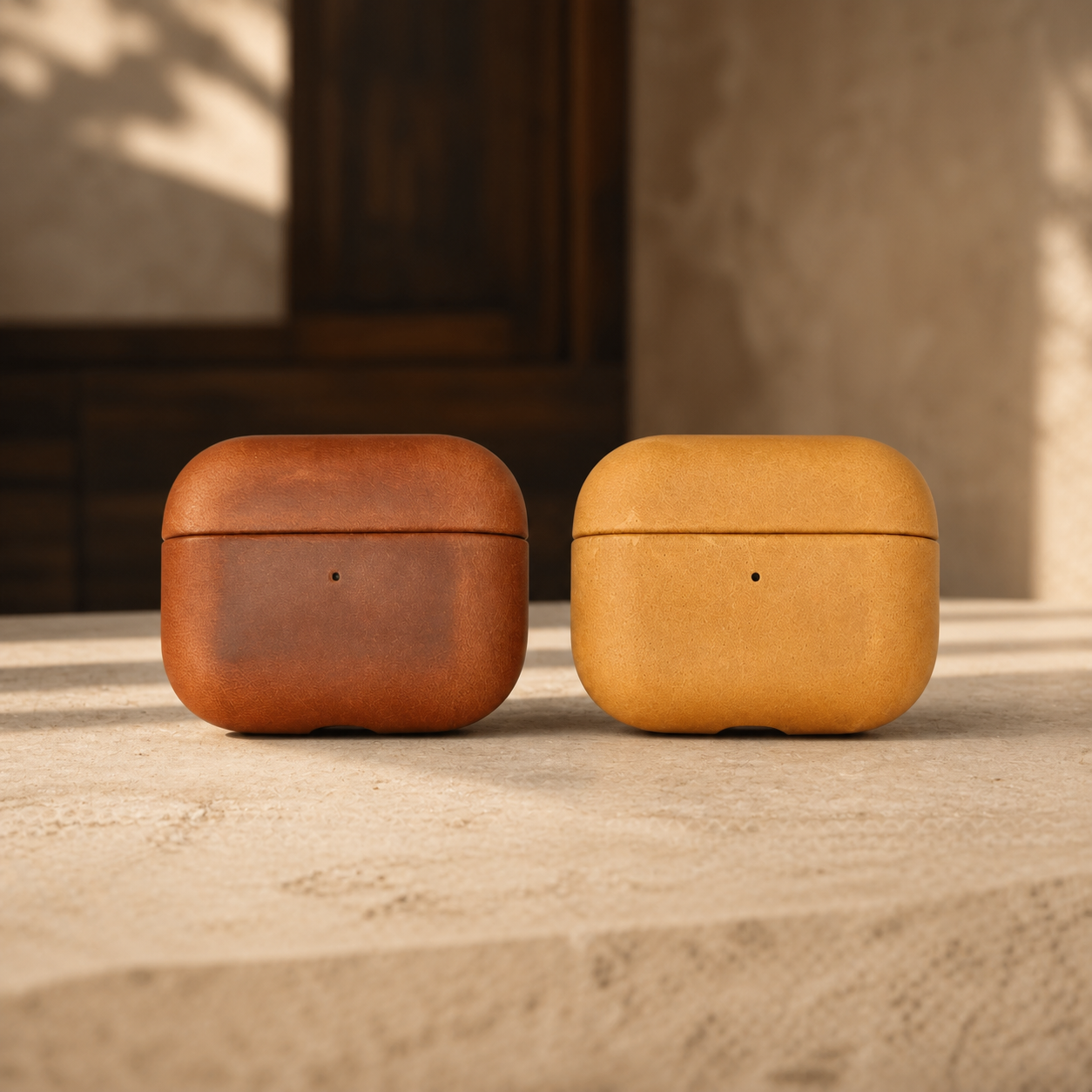 Orvieto AirPods leather cases in Cocoa and Ochre
