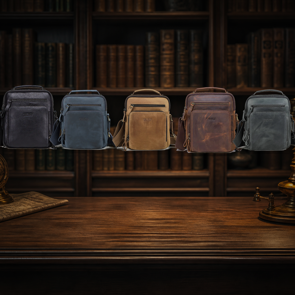 Volterra messenger bag color lineup: Black, Navy, Cognac, Espresso and Stone Grey