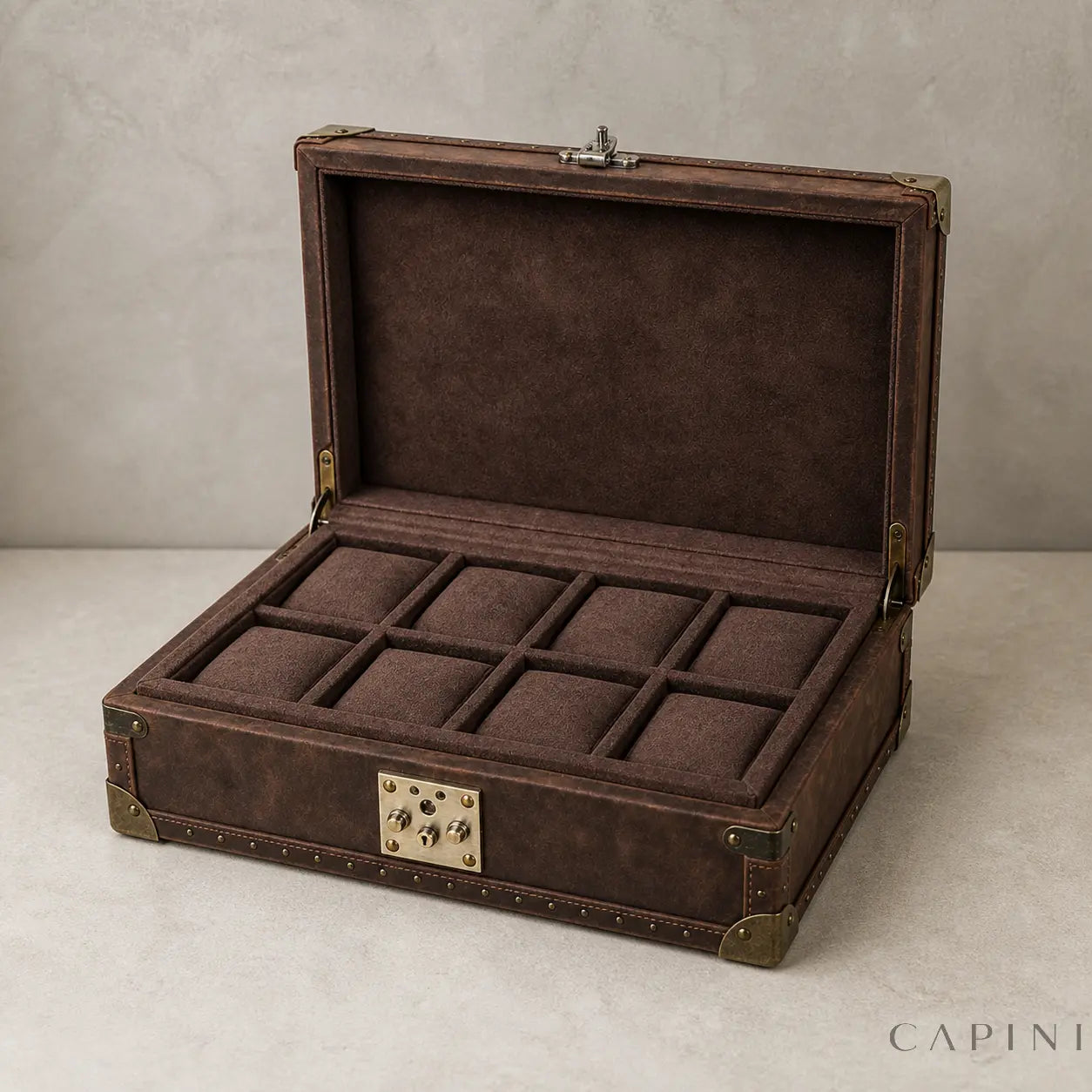 Perugia watch trunk open and empty with eight removable cushions