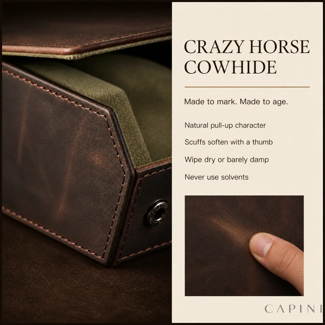 Pienza Crazy Horse cowhide material and care guide