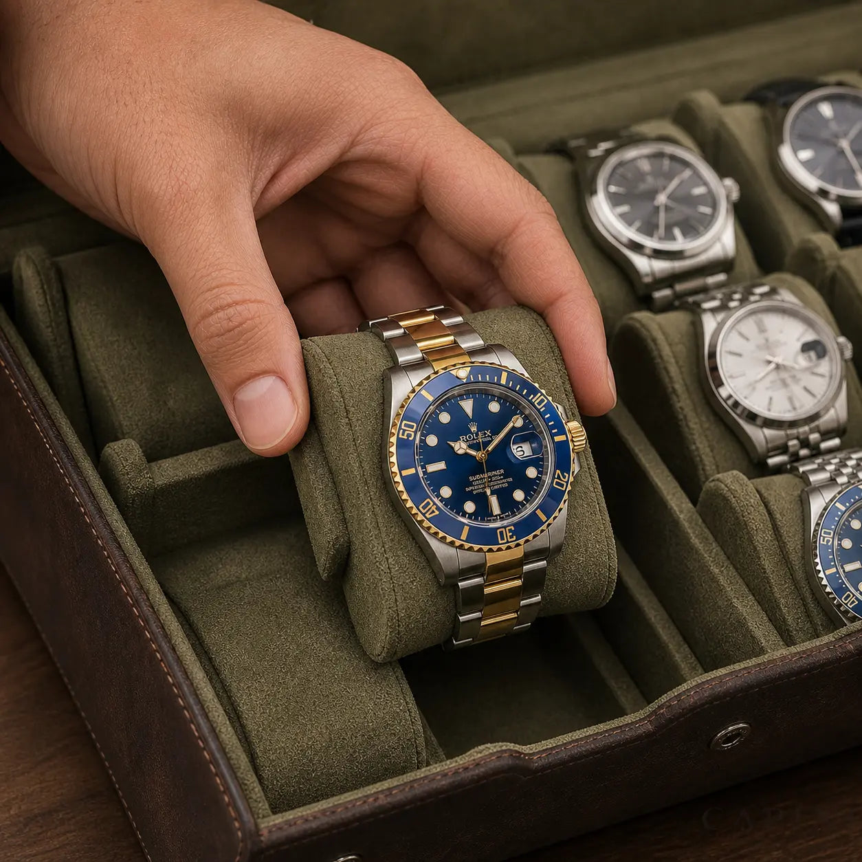 Pienza M-shaped cushion selection with a blue two-tone Submariner watch