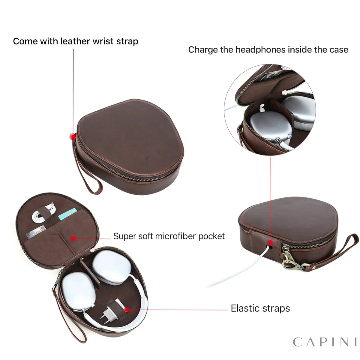 Sanremo case features: wrist strap, microfibre pocket, elastic straps, charging through the case
