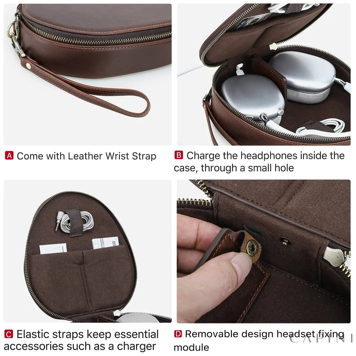 Sanremo case details: leather wrist strap, charging opening, elastic straps, removable headphone mount