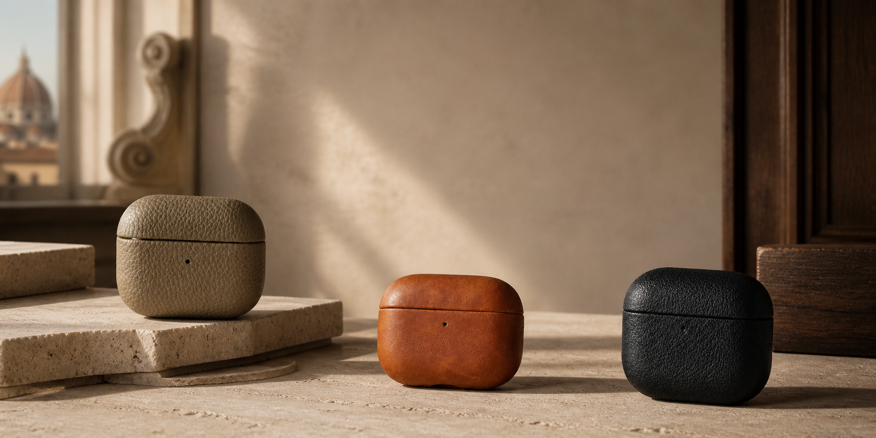 AirPods 4 leather case collection by Capini Firenze — desktop banner