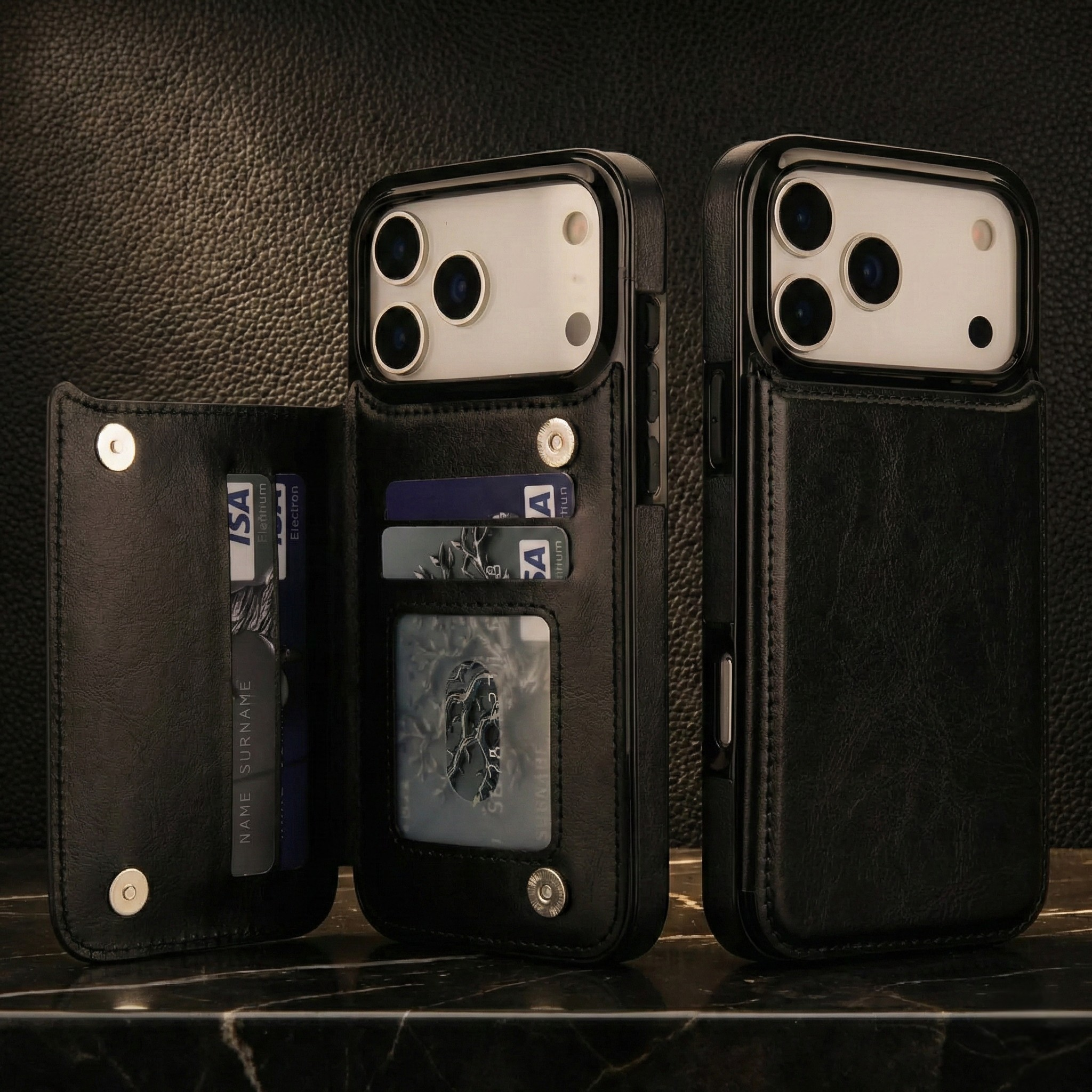 Faux Leather Wallet Case for iPhone 17 | Card Holder + Stand