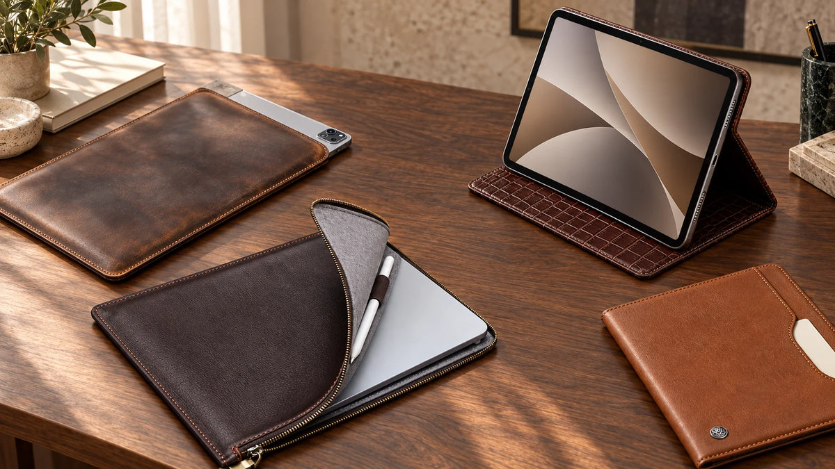 Capini iPad cases on a walnut desk with three iPads visible in sleeves and folios