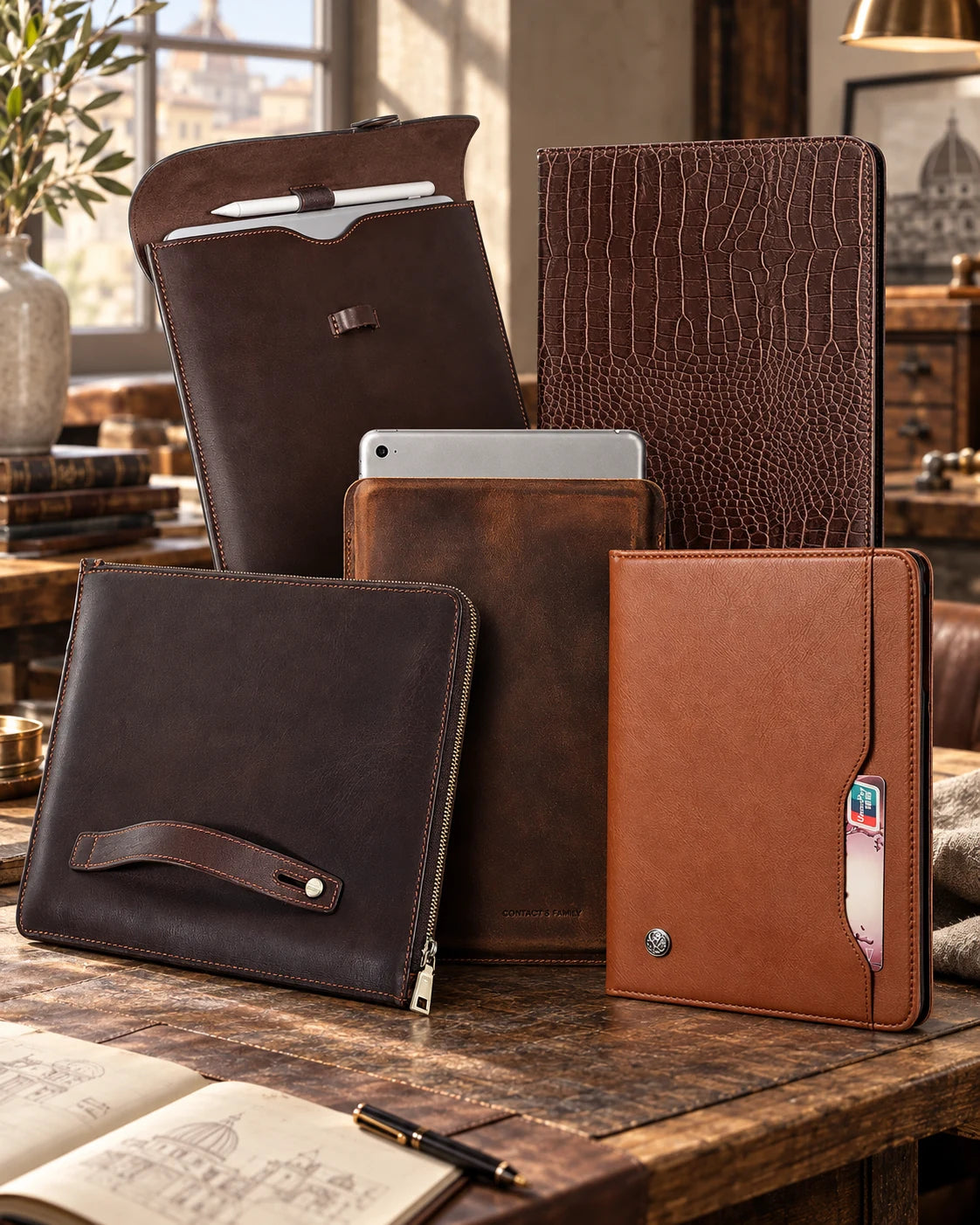 Five Capini Firenze iPad cases and sleeves arranged for mobile