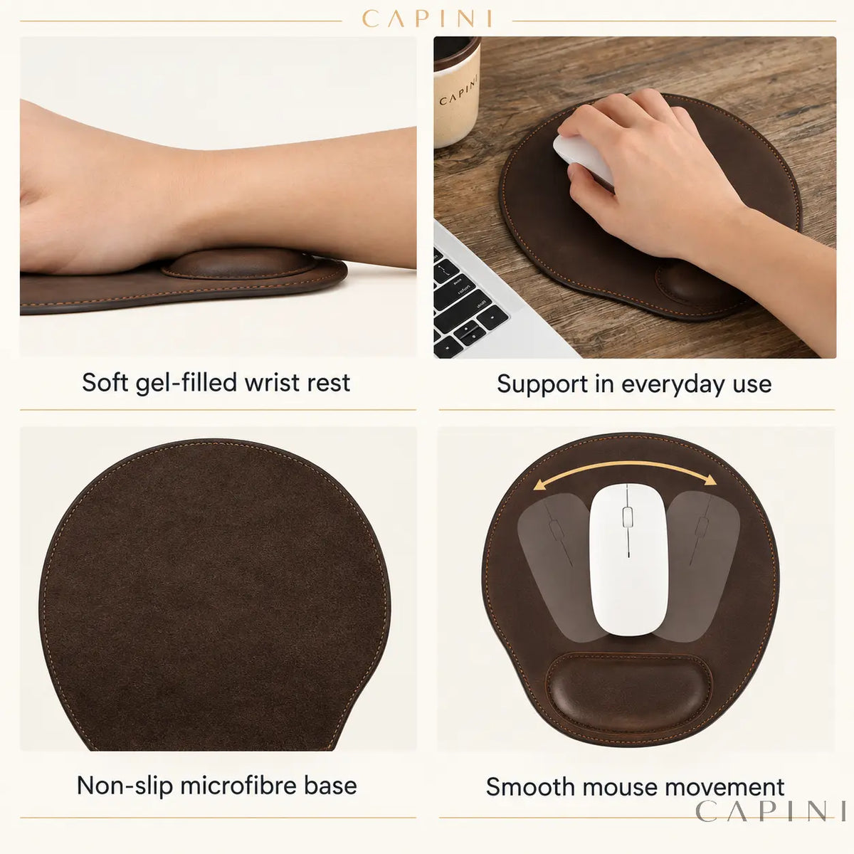 Urbino gel wrist rest, microfibre base and mouse movement details