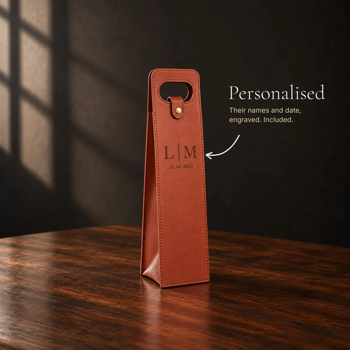 Conegliano wine carrier, personalised: their initials and date engraved on the front