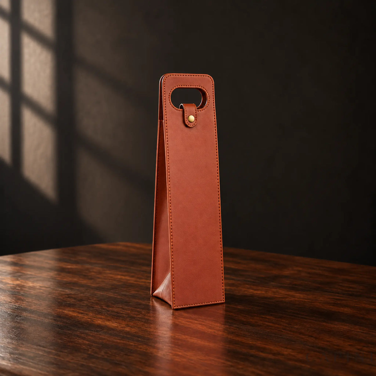 Plain Conegliano Cognac wine carrier with tonal stitching and brass snap