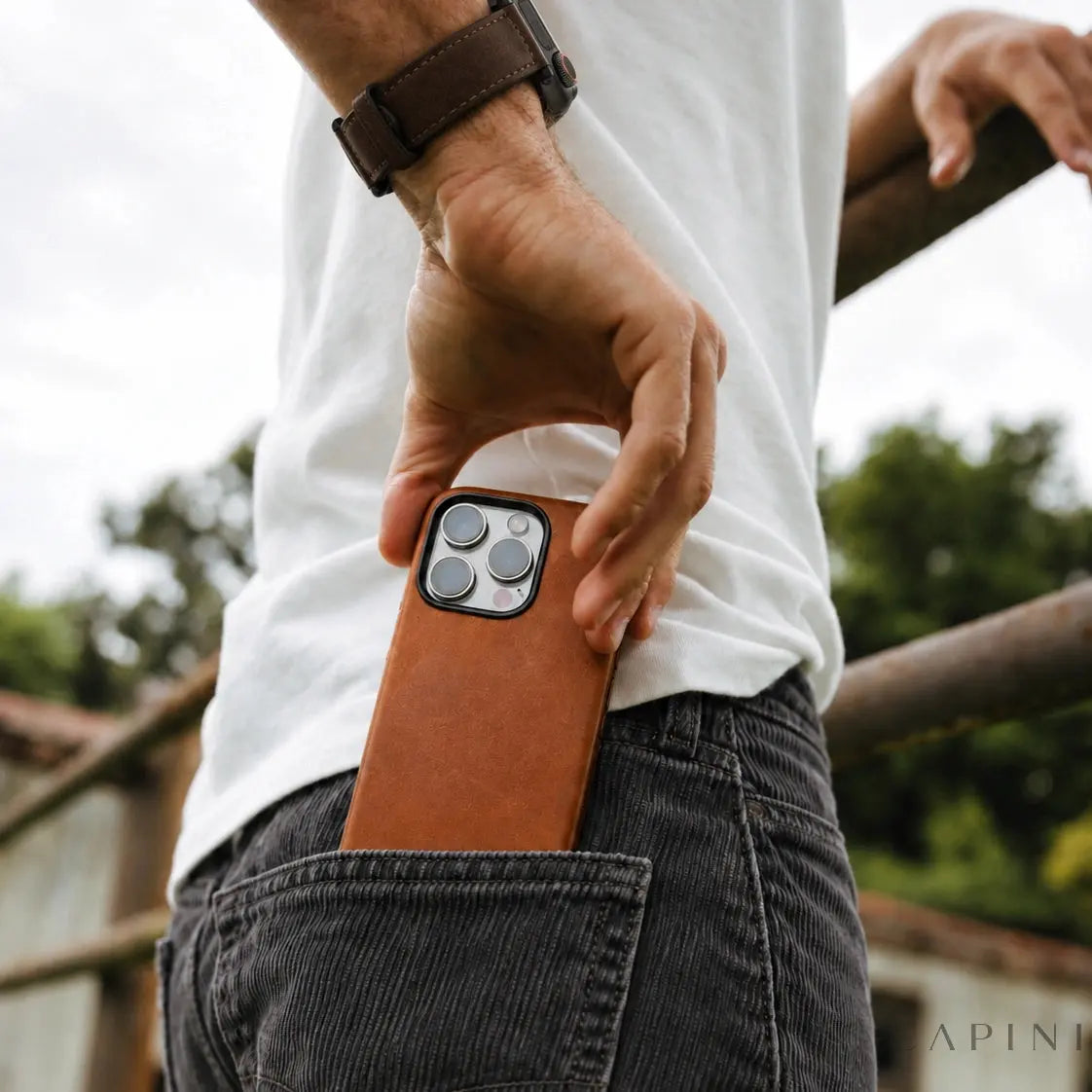 Copenhagen Cognac leather case in use with an Apple Watch and leather strap