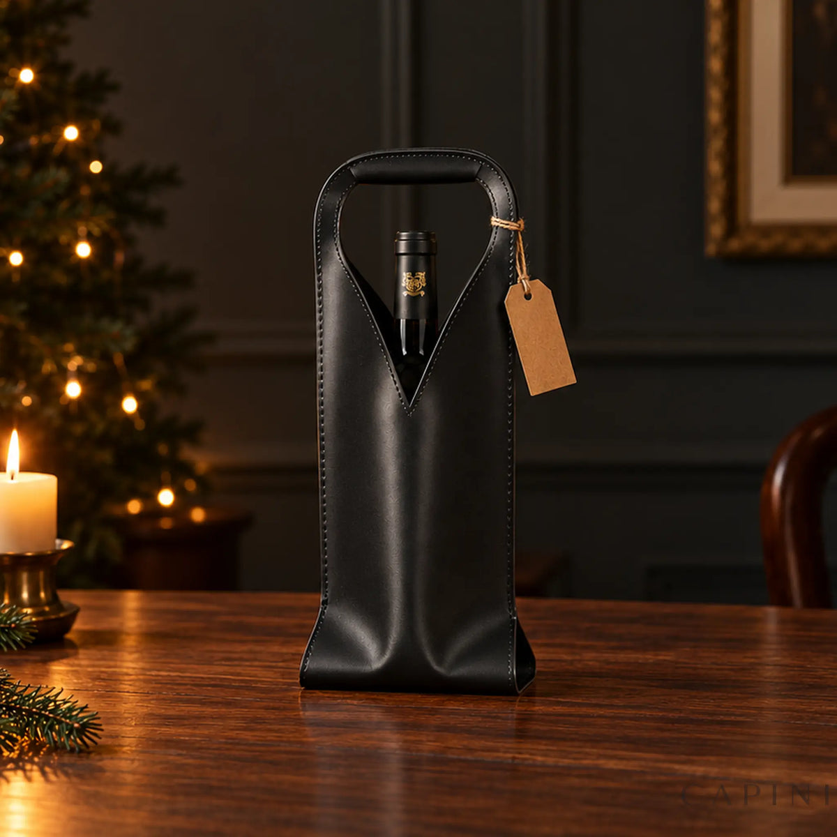 Black Cormons Loop Handle carrier with a blank gift tag in a subtle Christmas setting