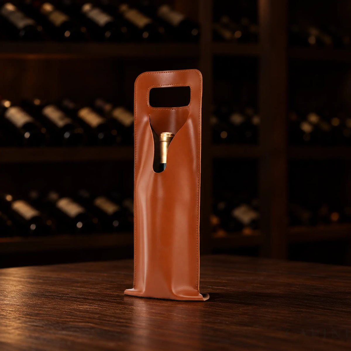 Cognac Cormons Window Front carrier with a long asymmetric curved neck window and rectangular cutout handle
