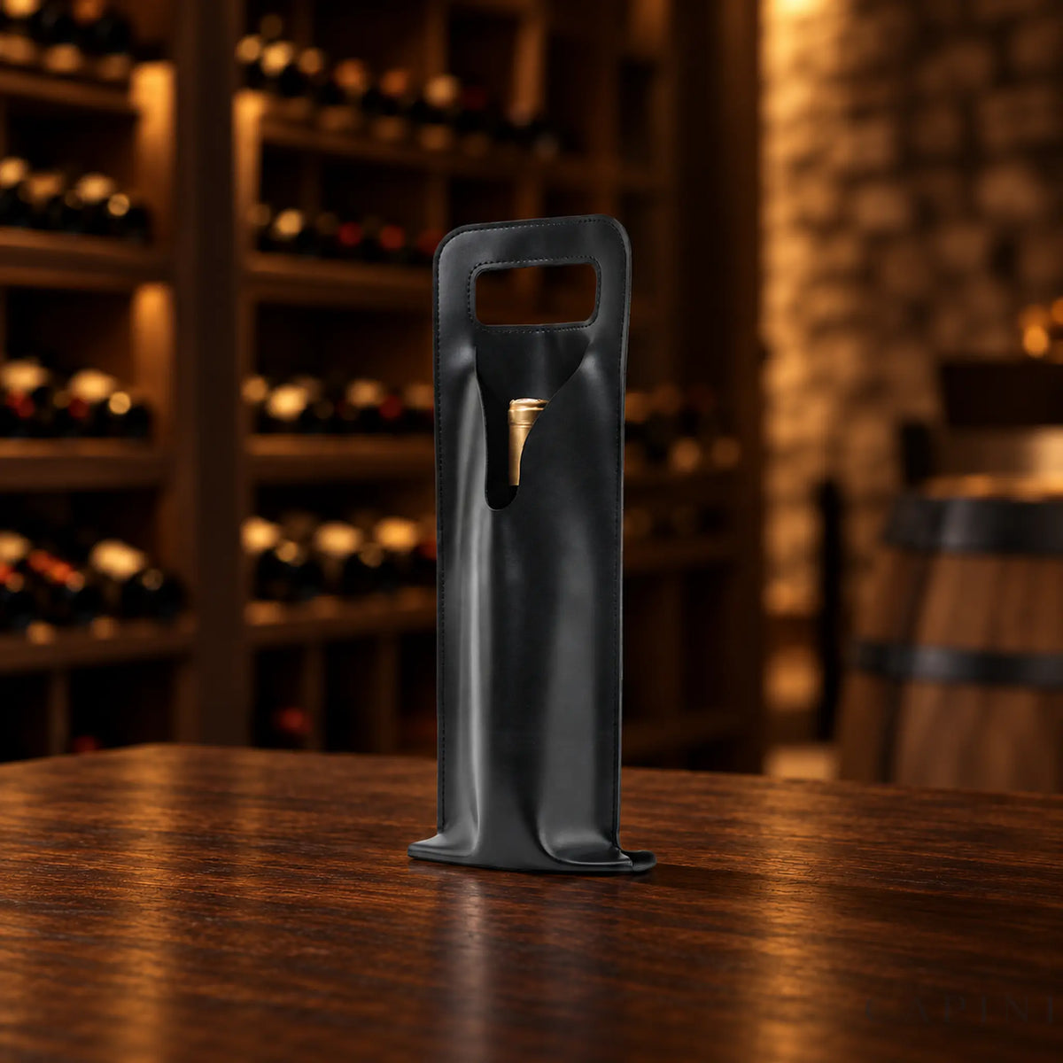 Cormons Window Front wine carrier in Black on dark walnut
