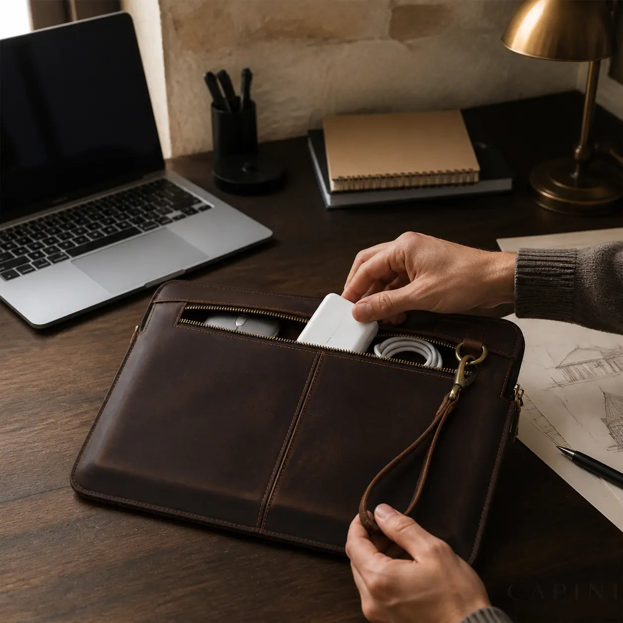Spoleto sleeve organizing a MacBook charger, cable and mouse