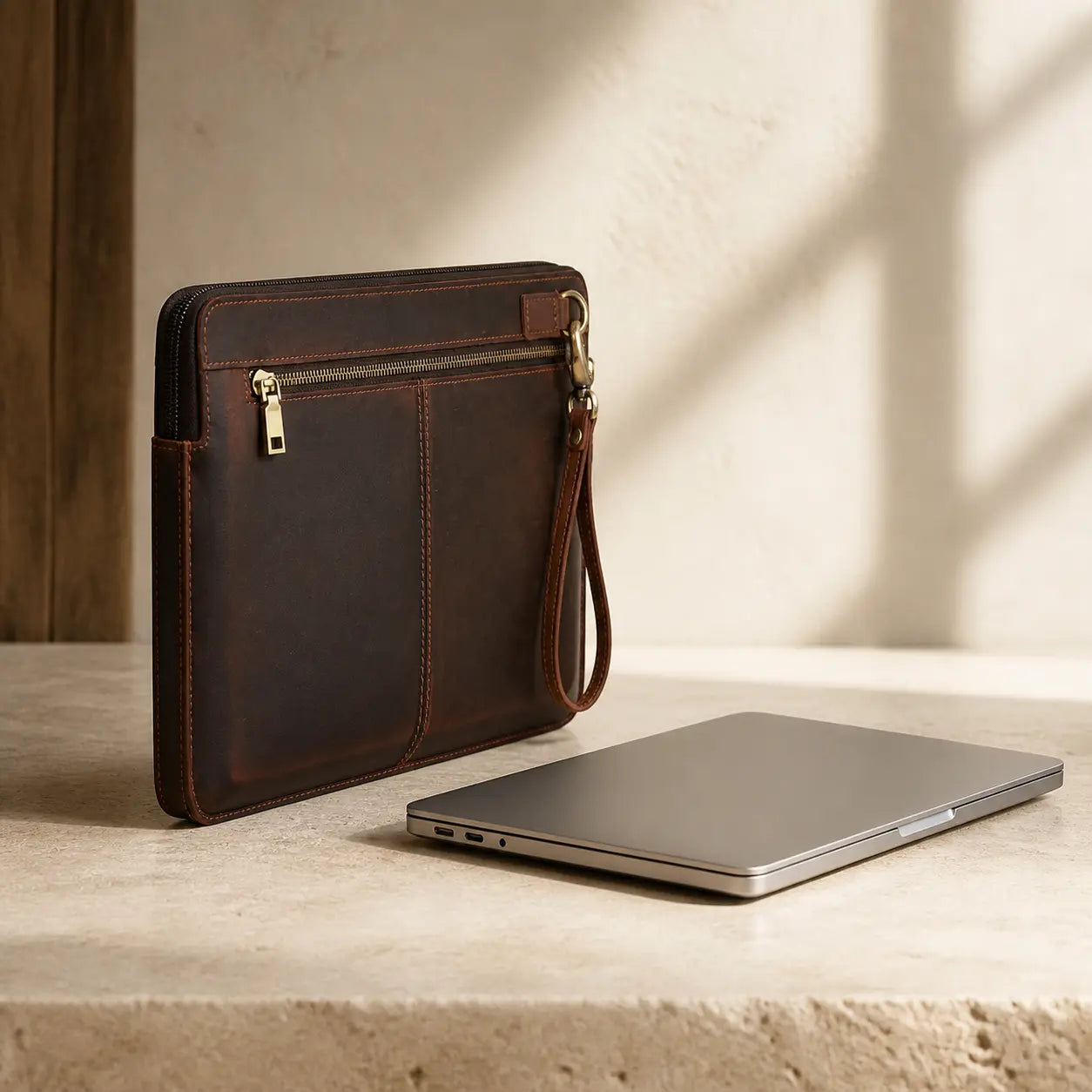 Slim profile of the Spoleto leather MacBook sleeve