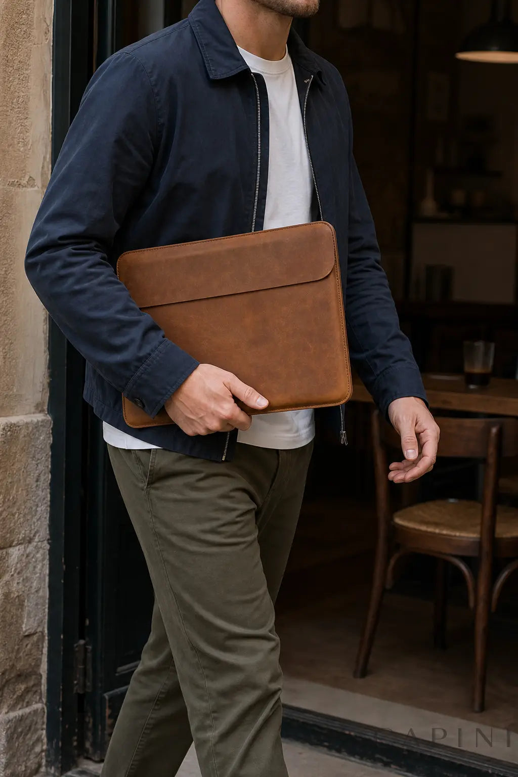 Pavia Cowhide MacBook Sleeve carried outside a cafe