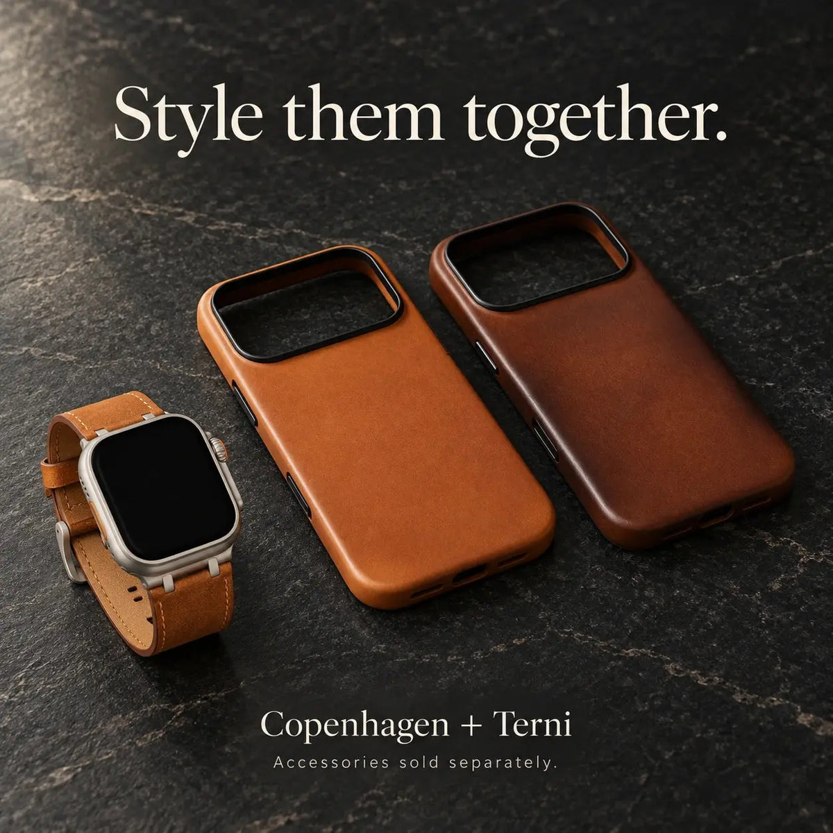 Copenhagen Cognac and Espresso with Terni Apple Watch strap — sold separately