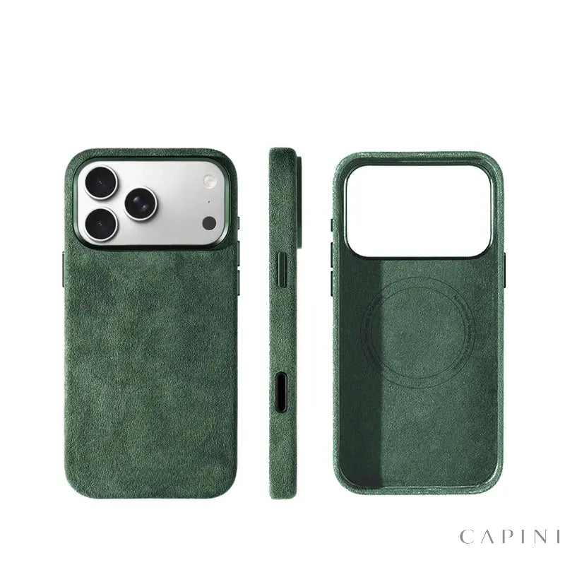 Monaco GT Green Alcantara case, back, side and interior views | CAPINI_COLOR_SWATCH