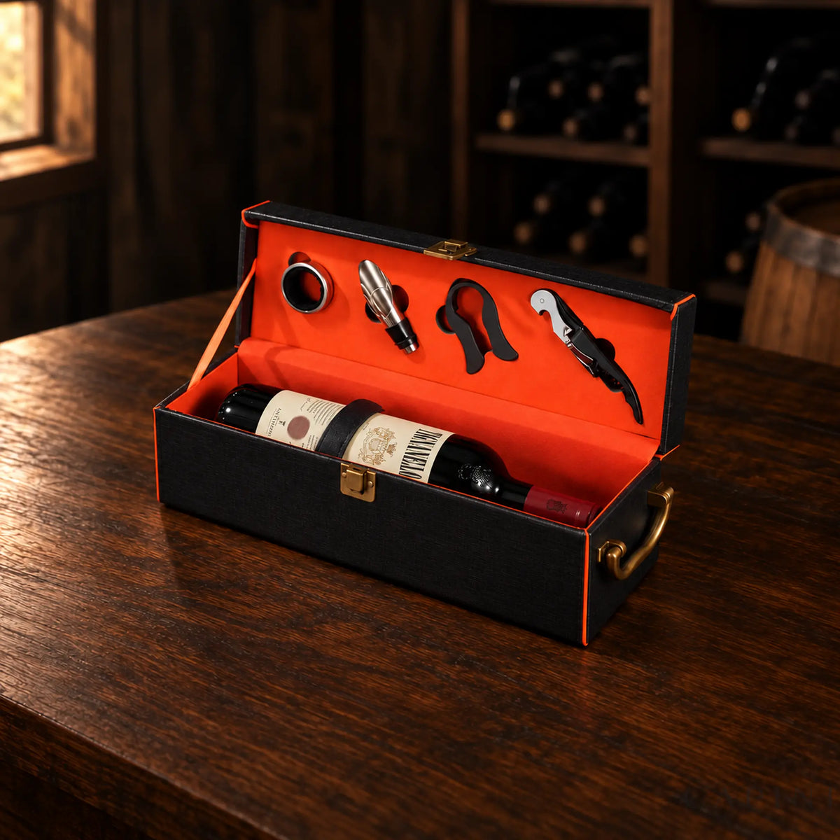 Montalcino wine case open with four tools, orange lining and a wine bottle