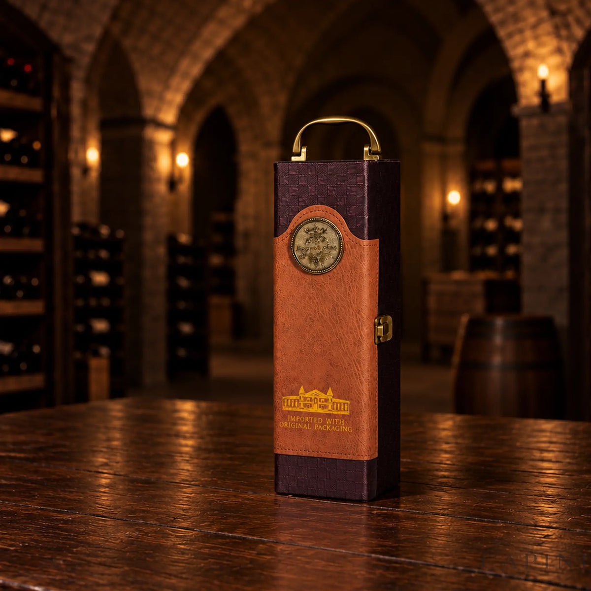 Montalcino Cognac sommelier wine case in a dark cellar setting