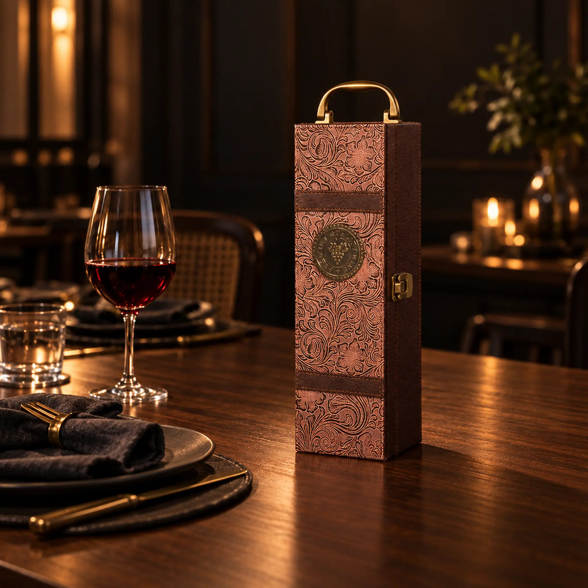 Montalcino Tooled Brown wine case on a walnut dining table
