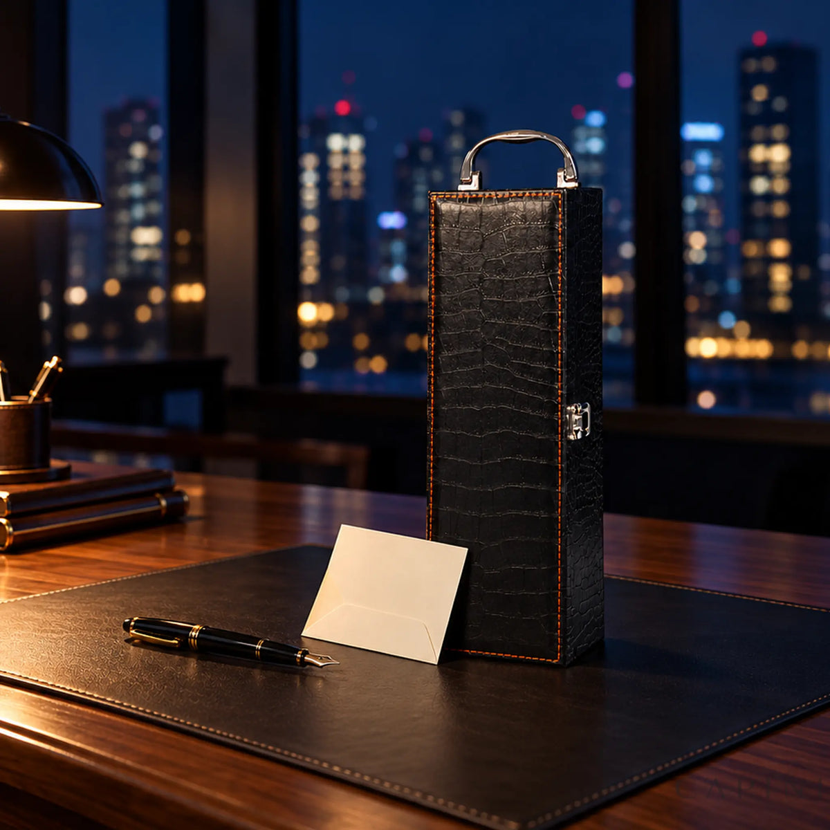 Montalcino Black Croc-Grain wine cases in a corporate gift setting