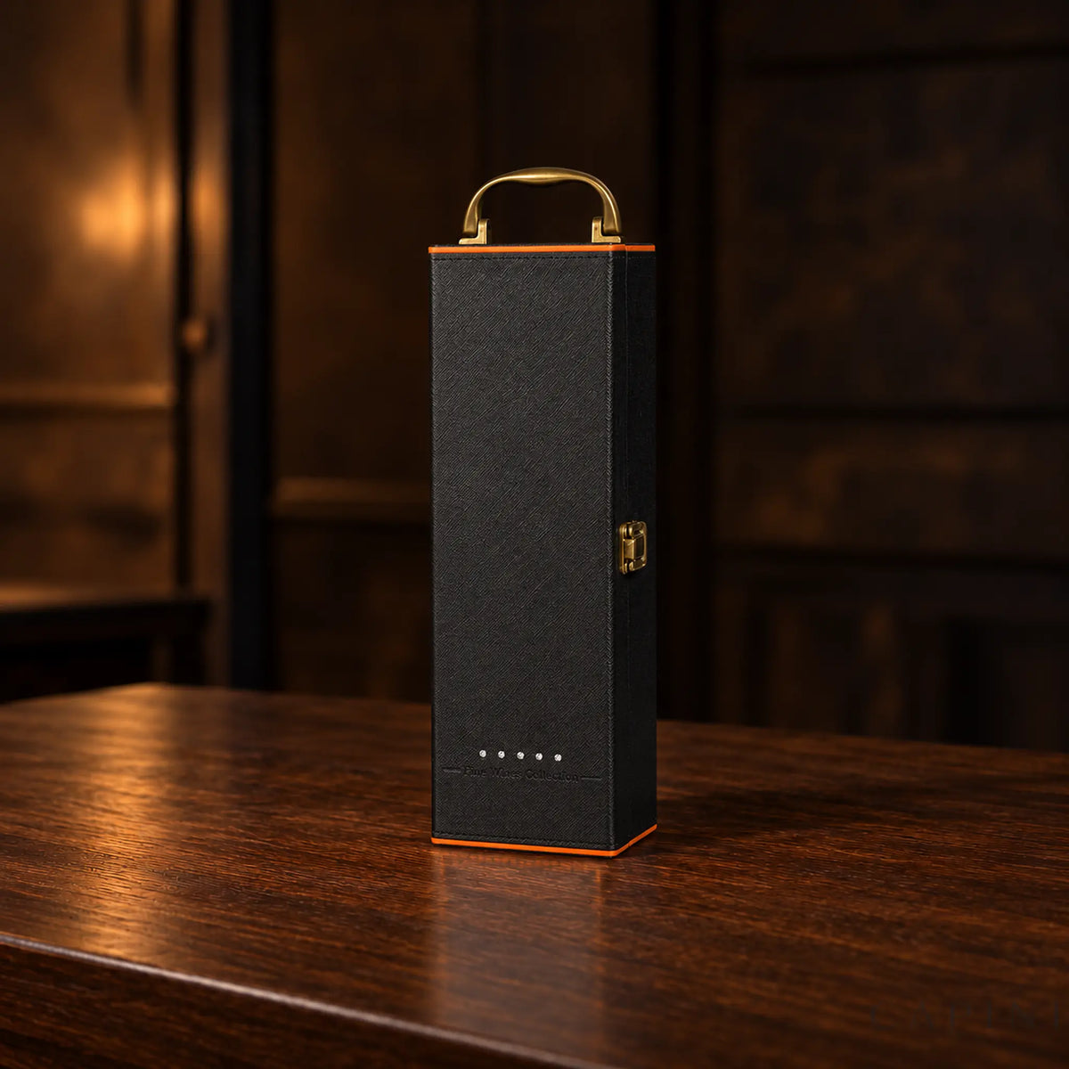 Montalcino Black and Orange wine case with orange piping, five rhinestones and physical Fine Wines Collection embossing