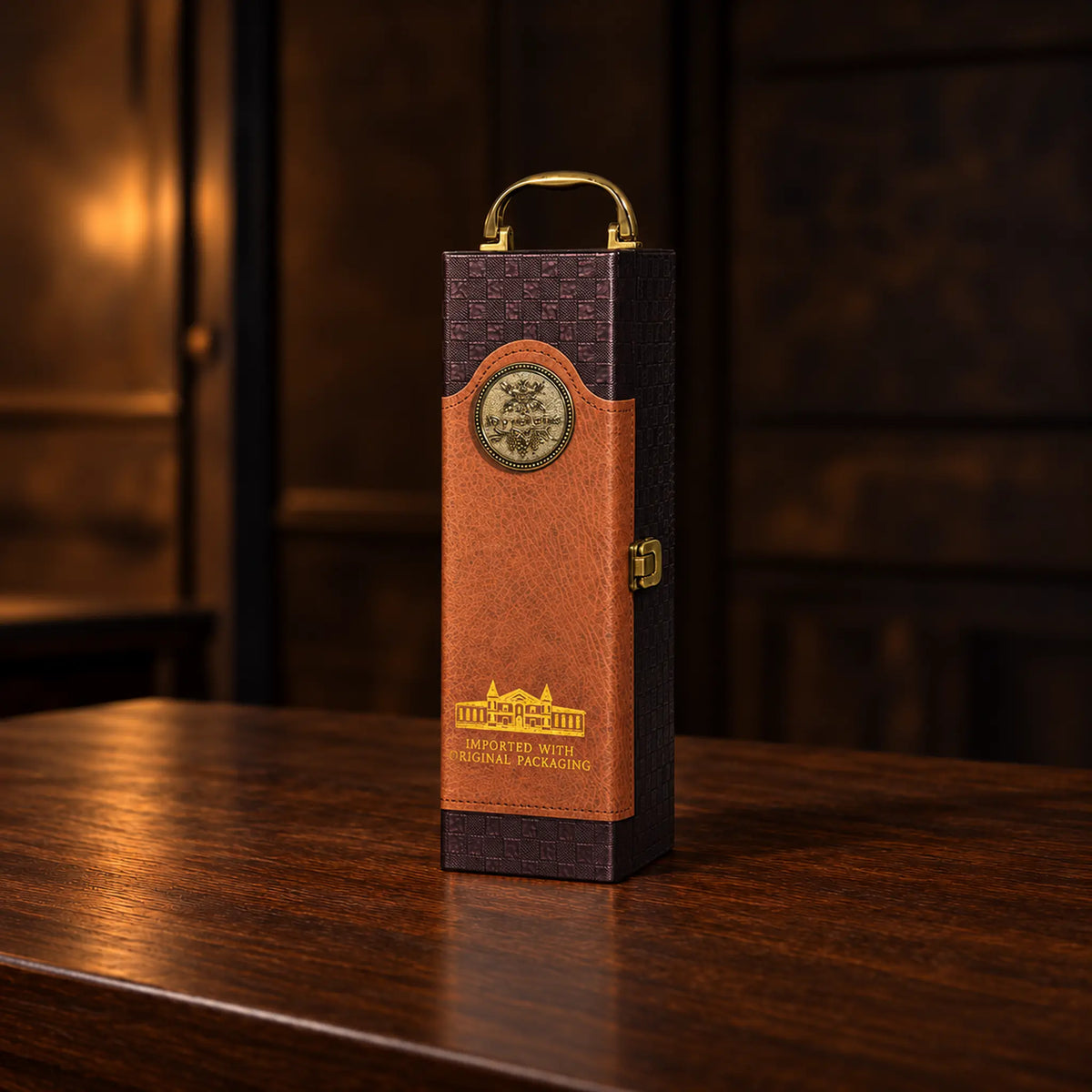 Montalcino Cognac wine case with checker-textured panels, brass hardware and physical castle printing