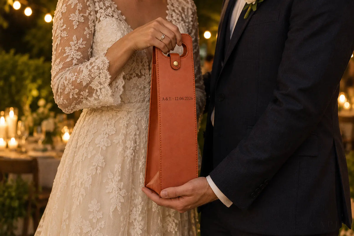 Bride and groom holding an engraved Conegliano wine carrier
