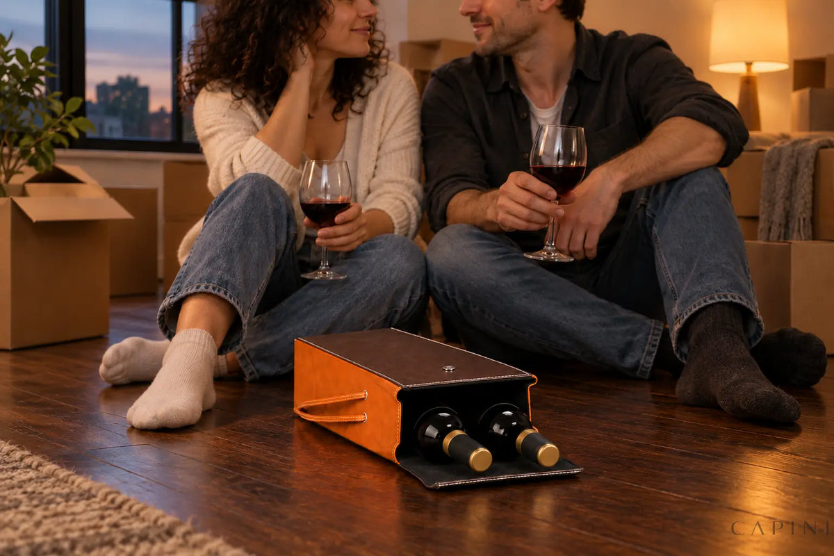 Couple on the floor of a new home with an open two-bottle Pollenzo wine tote
