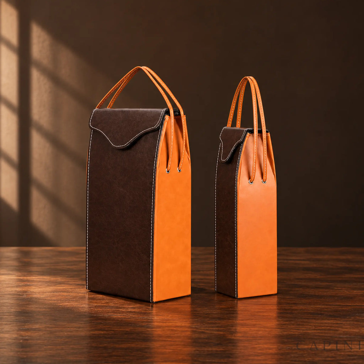 Pollenzo wine totes showing one-bottle and two-bottle capacities on dark walnut