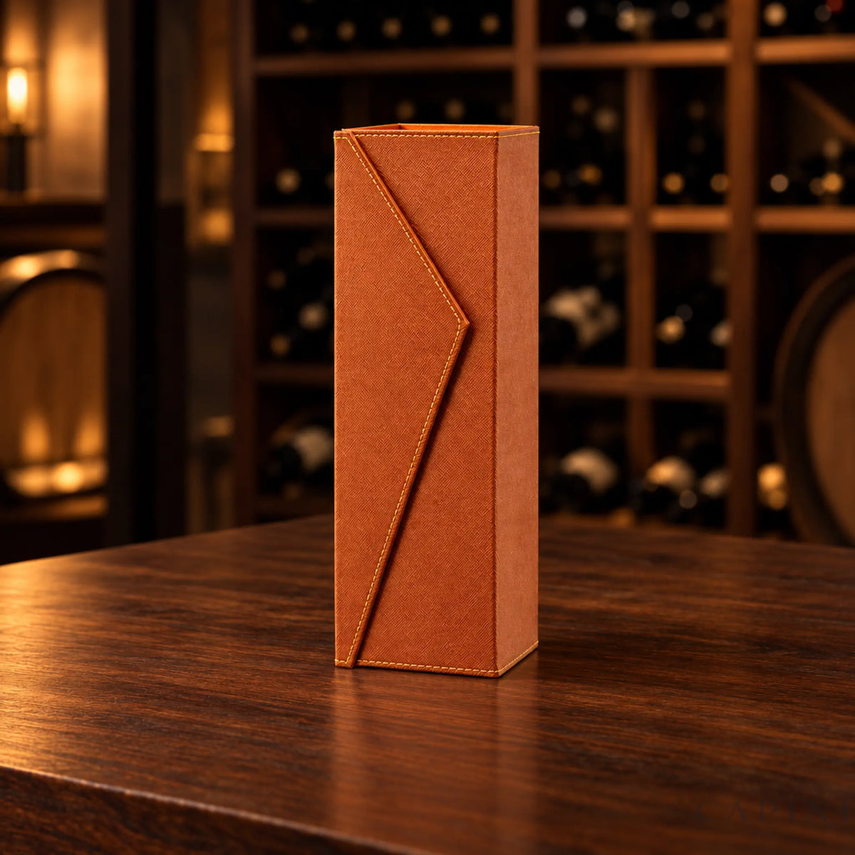 Radda Cognac wine gift box with stitched envelope flap on dark walnut