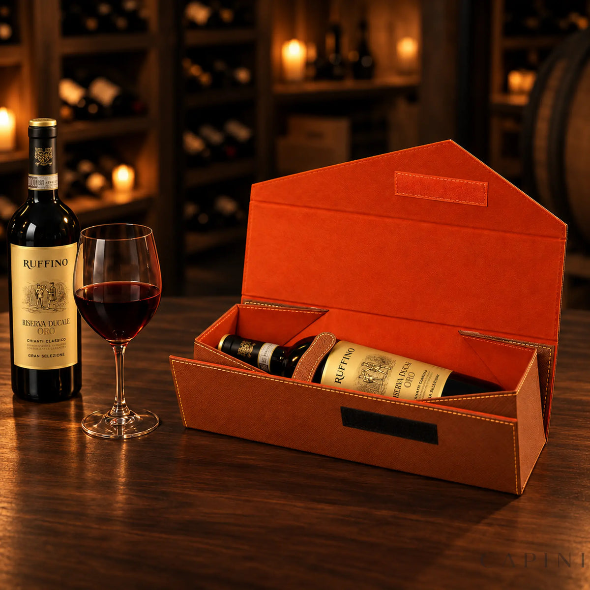 Radda Cognac interior, orange lining, retaining strap and Ruffino Riserva Ducale Oro bottle