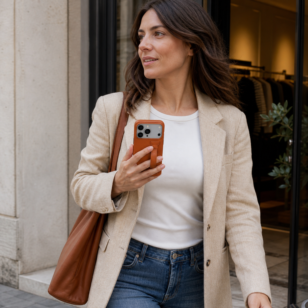 Woman carrying a warm-toned Rimini pebble grain grip case outside a boutique