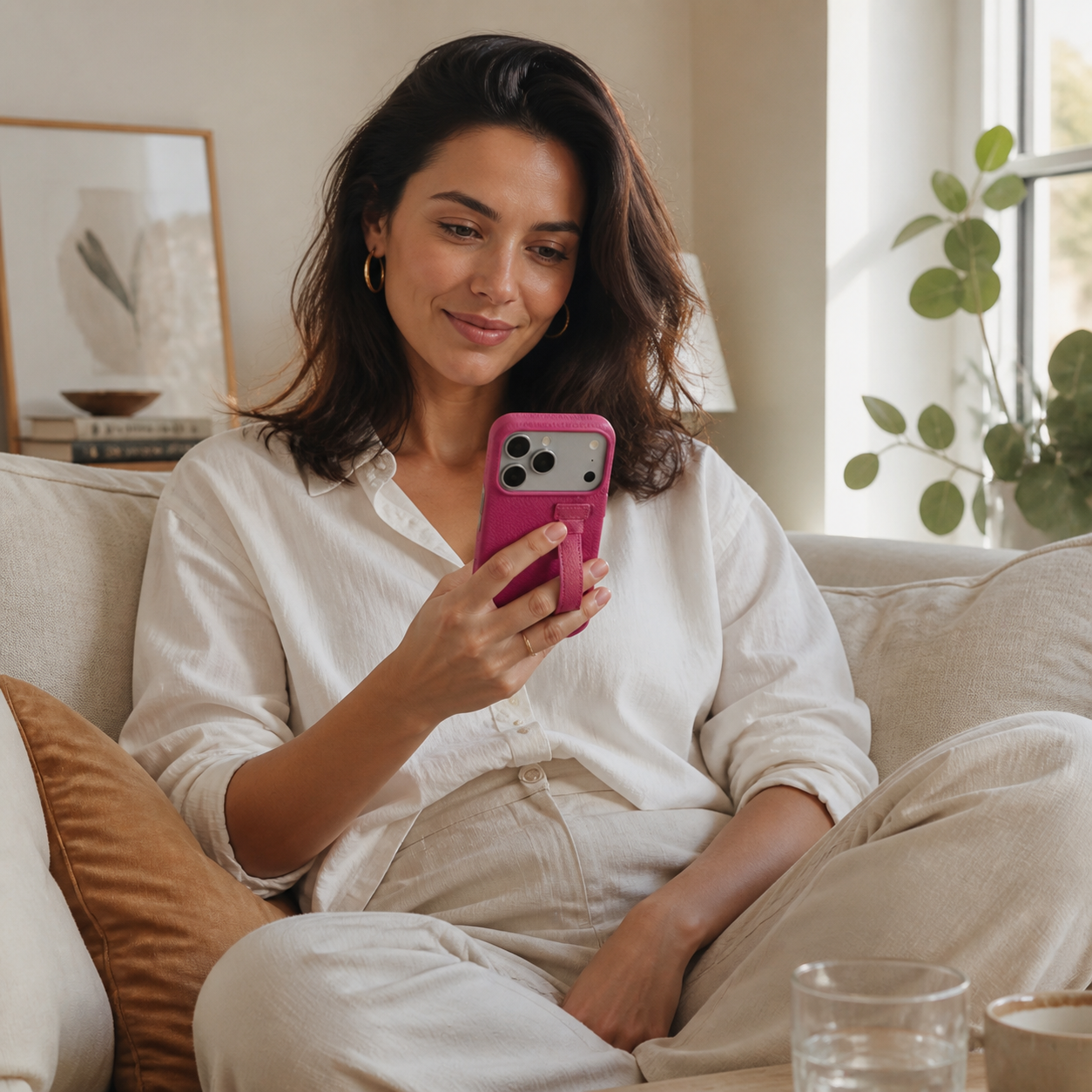 Woman relaxing at home with a Fuchsia Rimini pebble grain grip case
