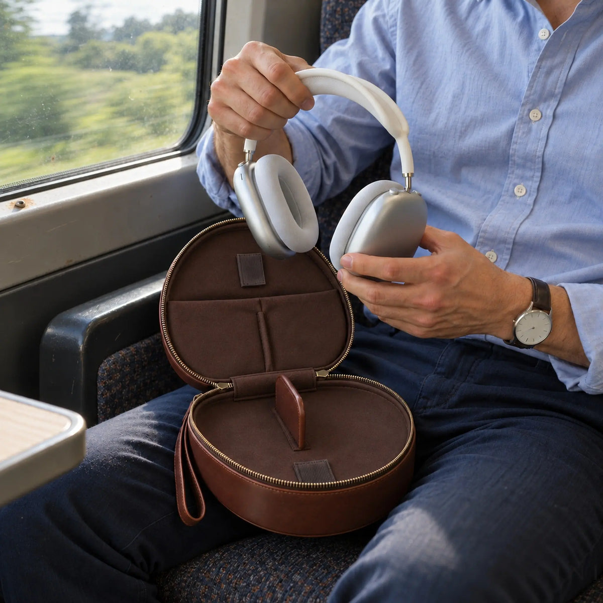 Man on a train taking AirPods Max out of the open Sanremo case