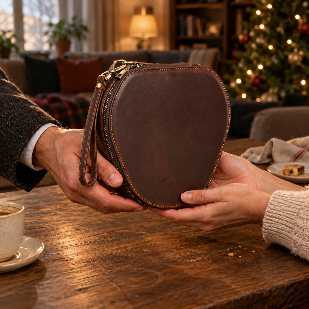 Hands passing the Sanremo leather case across a table, Christmas tree behind