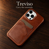 Treviso Chestnut waxed leather card-pocket case on dark walnut