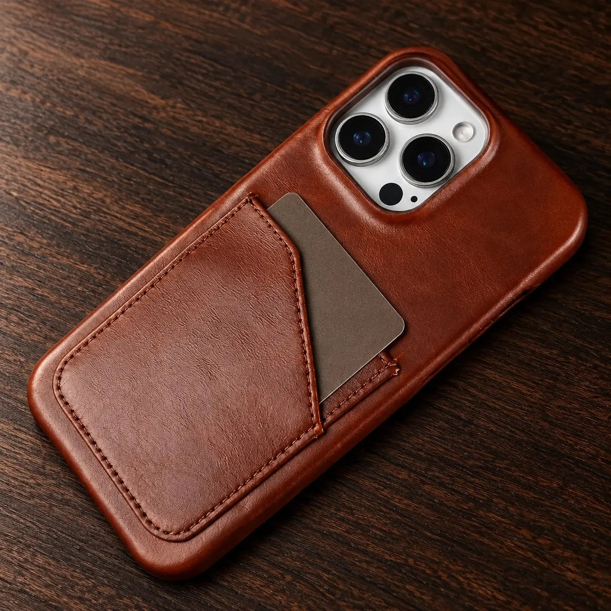 Treviso Chestnut card-pocket stitching and leather texture