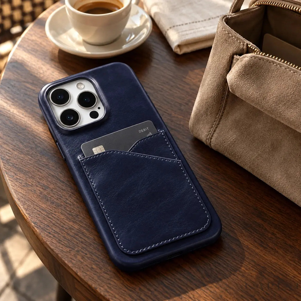 Treviso Navy leather card-pocket case on a cafe table