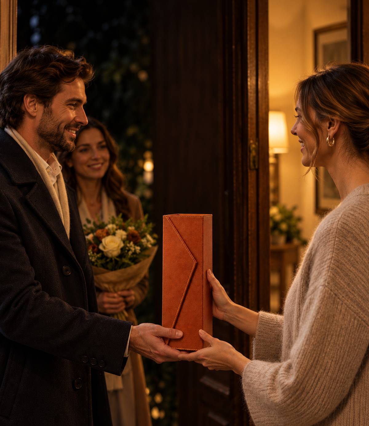 A dinner invitation gift: hands passing the Cognac Radda wine box at the doorway